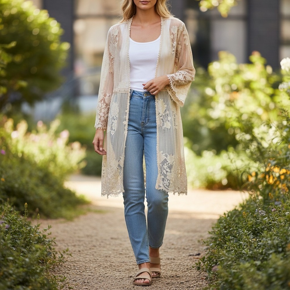 Cream Lace Kimono Cardigan Layering Topper Bohemian Hippie Artsy Fairy Size XL